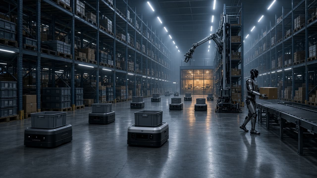 A fulfillment floor at night: mobile robots and pick arms from several vendors working the aisles, with the Czar Grid rack lit amber in its equipment room at the far end.