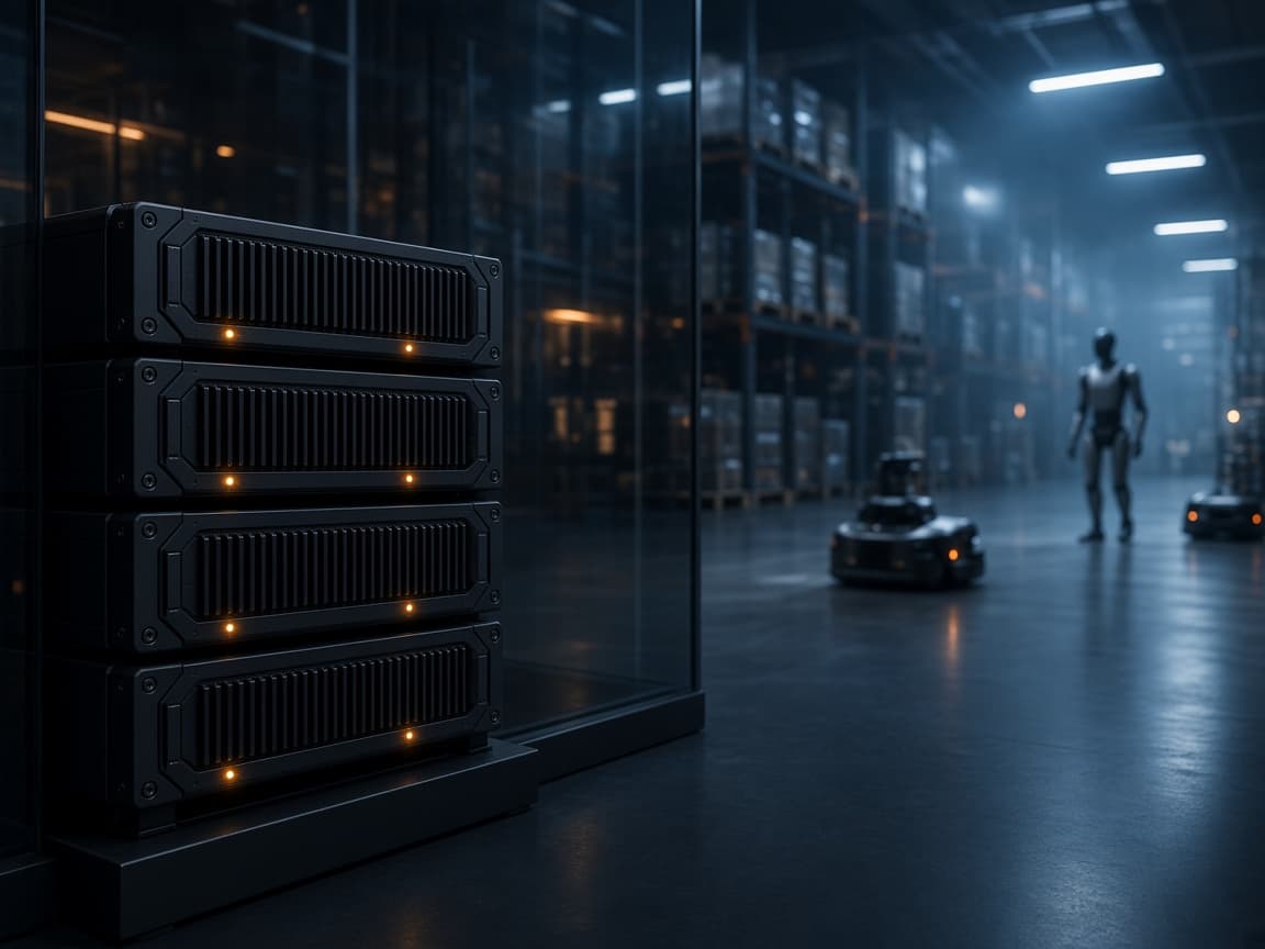 A Czar Grid: a rack of sealed Czar nodes in a glass equipment room, with the robots it serves working on the facility floor beyond.