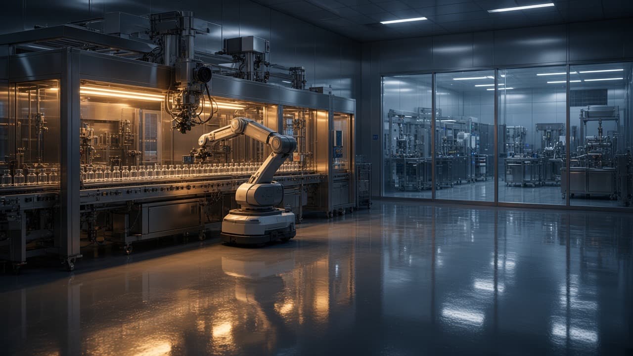 A pharmaceutical filling line: a mobile manipulator beside a conveyor of vials under vision inspection cameras, with the controlled room beyond the glass.