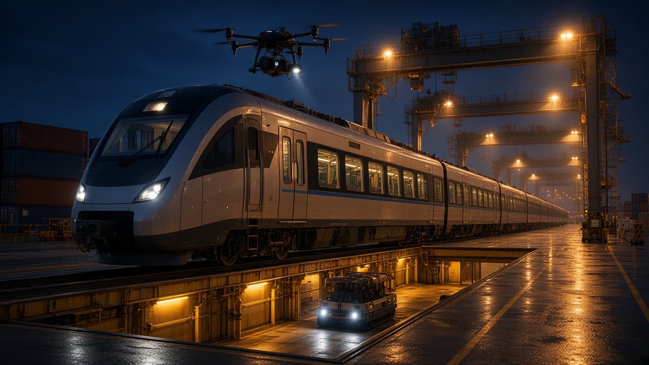 A rail depot at night: a train standing over the inspection pit with a tracked inspection robot working underneath and a drone at the pantograph, under amber gantry lights.